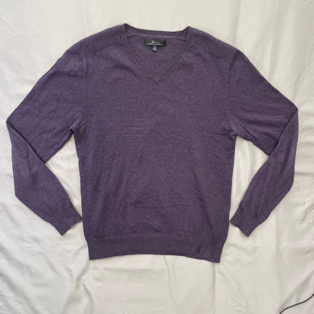 Marc Anthony Mens Purple Cotton Cashmere‎ Blend V-Neck Sweater Size M